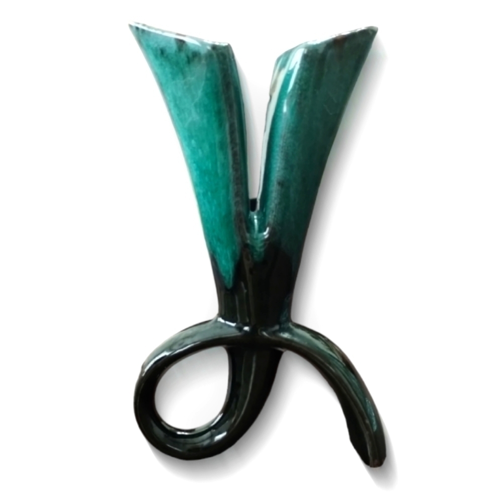 1960s Canuck Pottery Sculptural Double Bud Vase in Green Drip Glaze